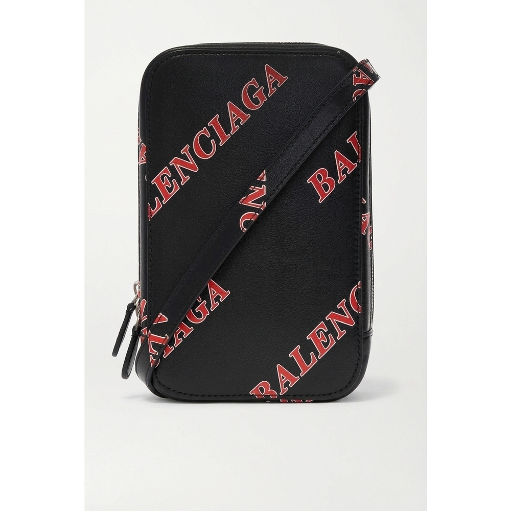 NEW BALENCIAGA men's calfskin leather sport print phone holder bag in black